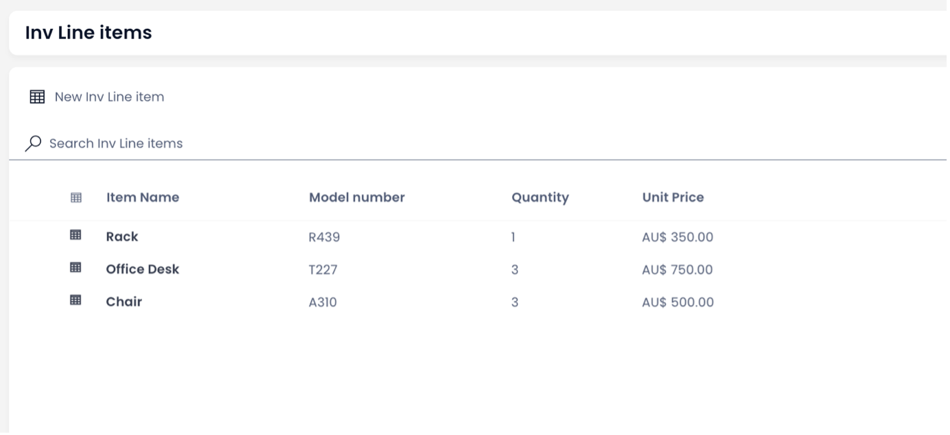 Image showing Explorer window of the Inv Line Items Table. It shows all the items created successfully by the workflow